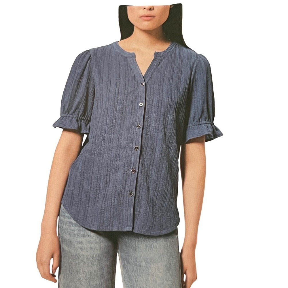 Cable & Gauge NWT Women Vintage Indigo Textured Puff Sleeve Button Top M 1037535